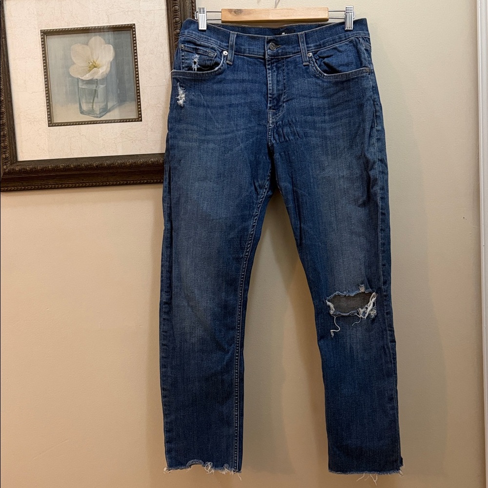 7 For All Mankind Women's Straight Leg Jeans — Dark Blue with Distressed Knee